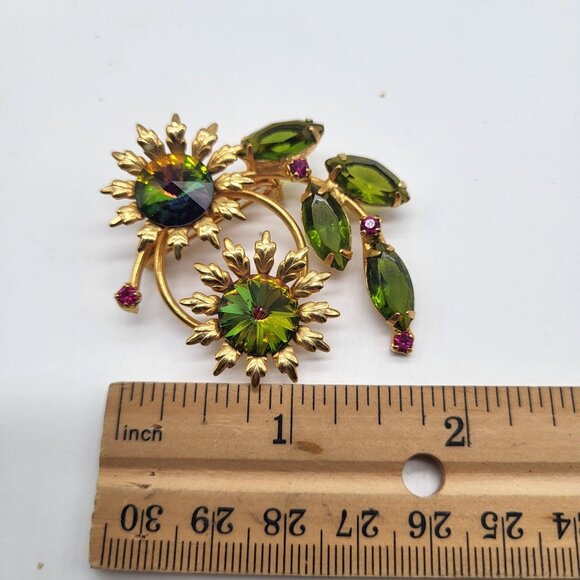 Juliana DeLizza Elster? Flower Watermelon Rivoli Green Pink Rhinestone Brooch - Picture 4 of 6